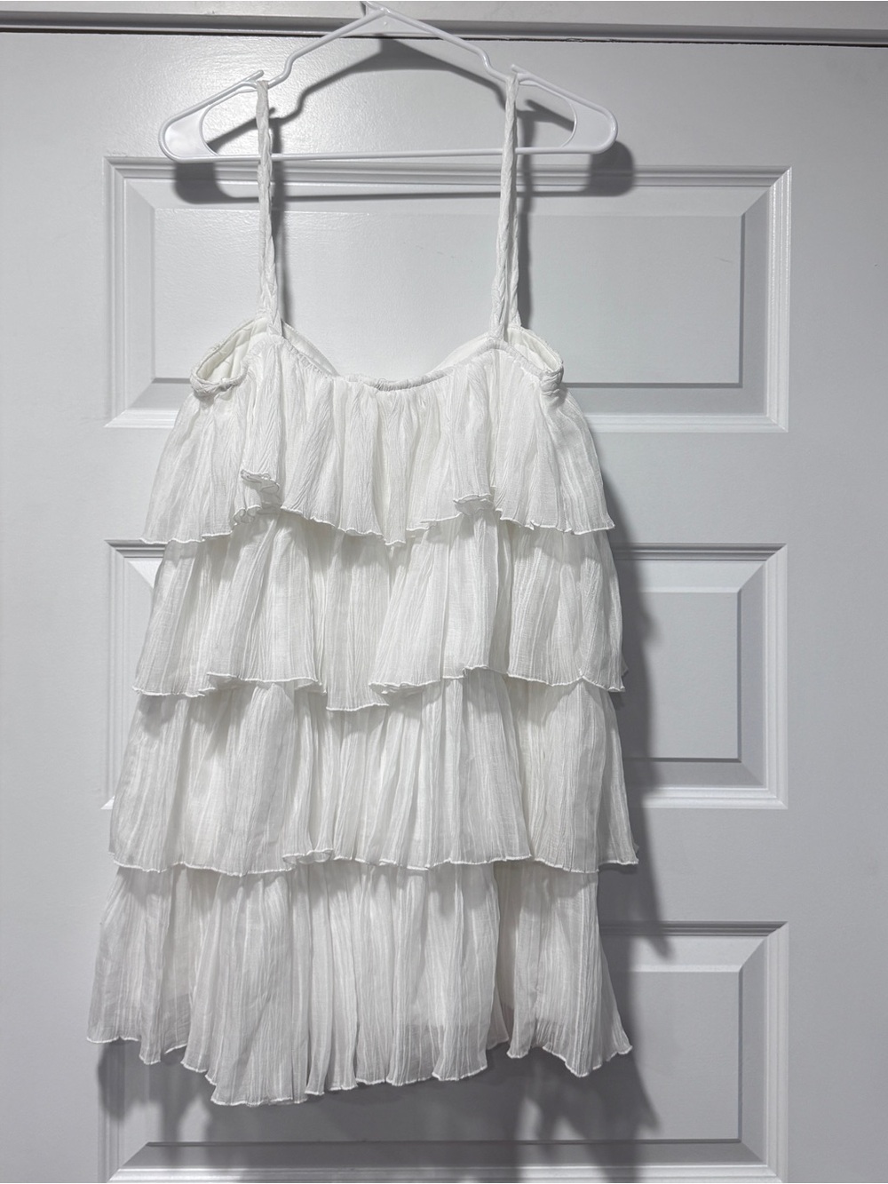 Lena White Tiered Spaghetti-Strap Mini Dress with Ruffled Layers - Picture 6 of 10